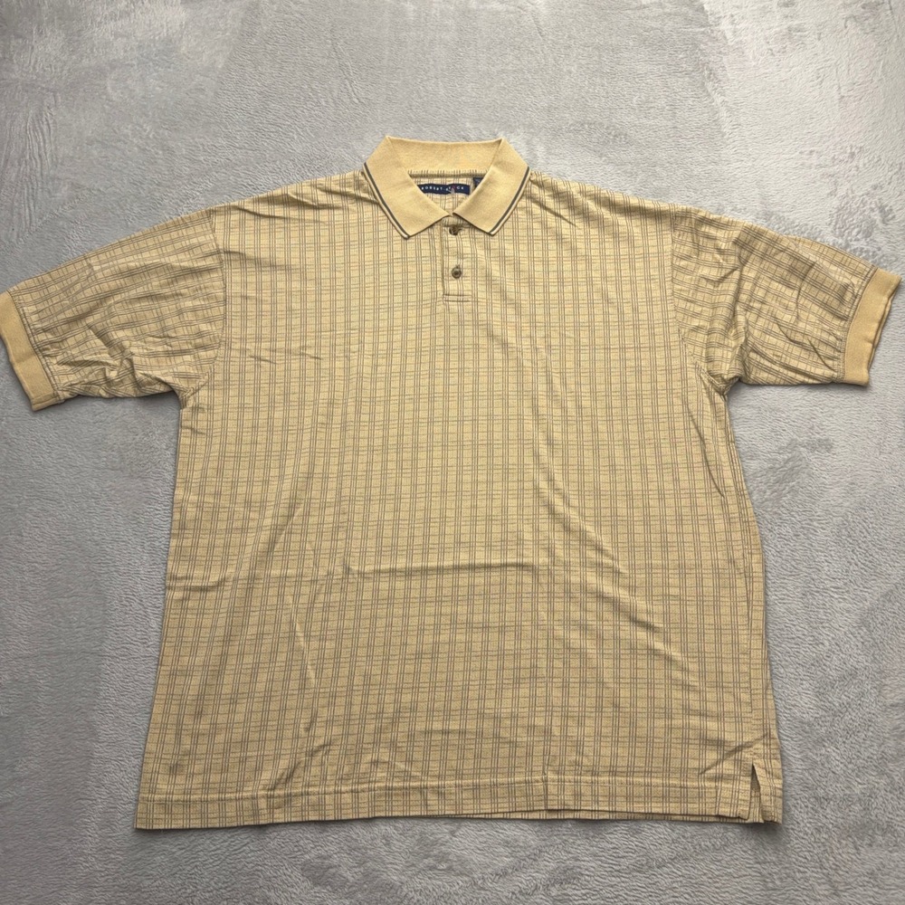 Robert Stock Polo Shirt Mens L Tan Plaid Grid Short Sleeve Cotton Blend Casual